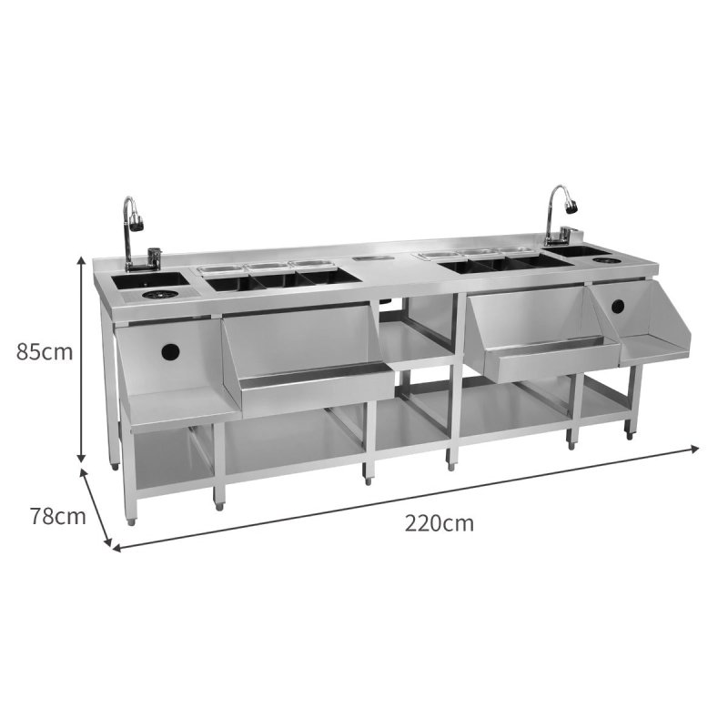 Twin Cocktail Bar Station Free-Standing Stainless Steel Insulated Ice Well Sink 360 Mixer Tap Glass Refresher Drip Tray Blender Shelf Speed Rail Shelves Gastro Pots Knife Holder FREE Boston Shaker