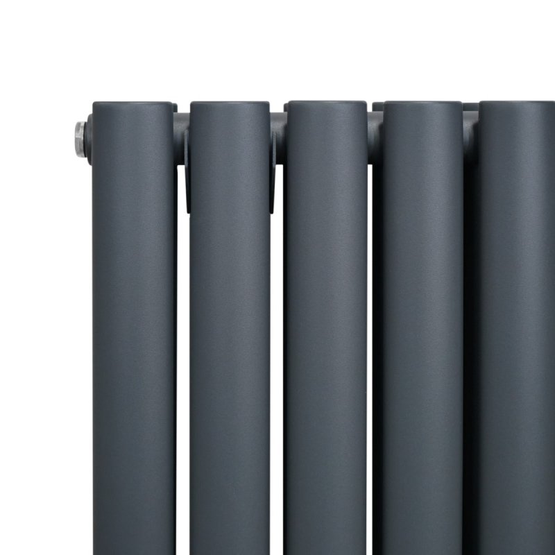 Oval Column Radiator 1600mm x 600mm & TRV Chrome Valves Modern Designer Double Panel Central Heating Heater Anthracite Grey Steel Vertical Kitchen Living Room FREE Cleaning Brush Fixing Kit & Brackets