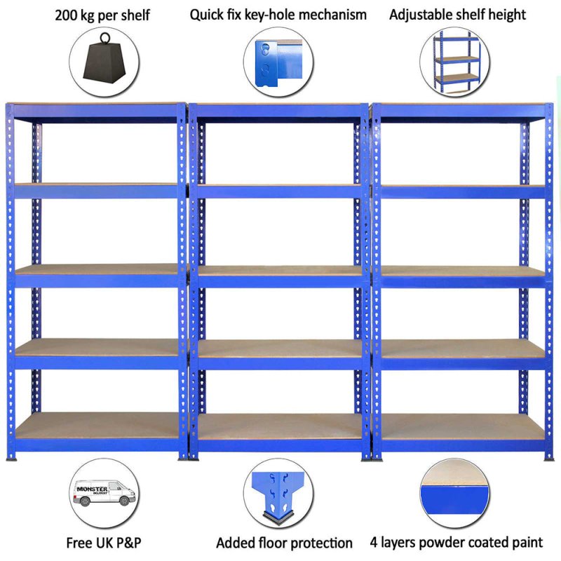 Monster Racking Q-Rax Heavy Duty Garage Storage Shelves, 200kg/shelf, Blue, 90cm x 182.5cm x 50cm