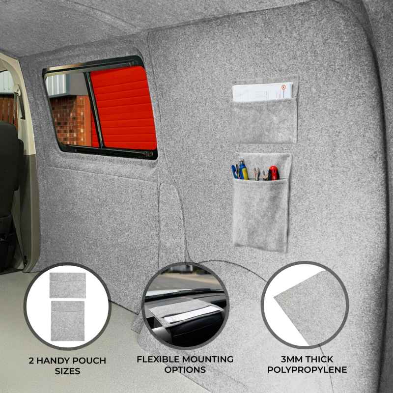 Fabric Storage Pouches 2 Pack 2 Sizes Silver Grey Car Motorhome Camper Van Matching Lining Tool Paperwork Document Pocket Organiser Holder Accessories Portable Fixed 100% Polypropylene 3mm Thick