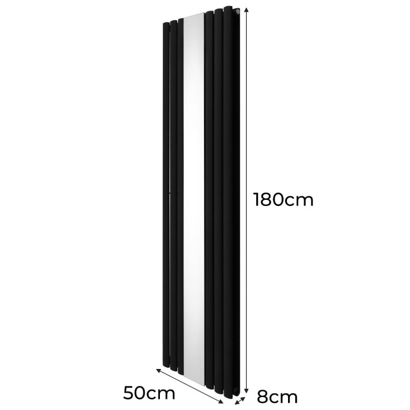 Oval Panel Radiator With Mirror 1800mm x 500mm Modern Designer Double Column Vertical Heater Matt Black Carbon Steel Wall Mounted Kitchen Living Room Cleaning Brush Fixing Kit & Brackets