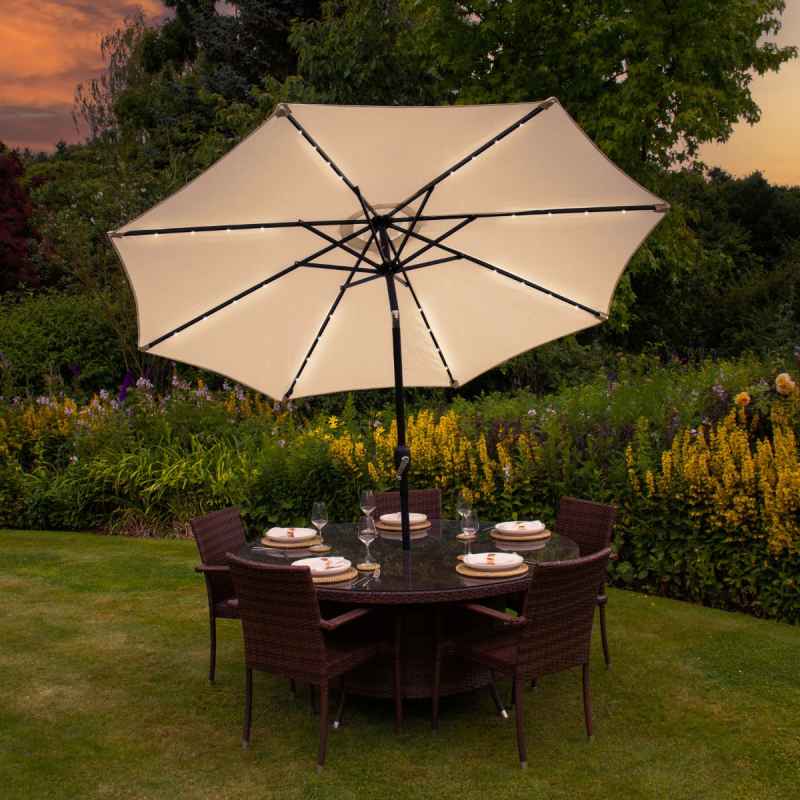 Cream 2.4m LED Tilt Parasol Umbrella Garden Sun Shade Canopy Patio Outdoor 360 Rotation UV Protection Winding Crank Adjustable 32 Solar Power Lights Cool White 8 Ribs 5.5kg FREE Waterproof Rain Cover