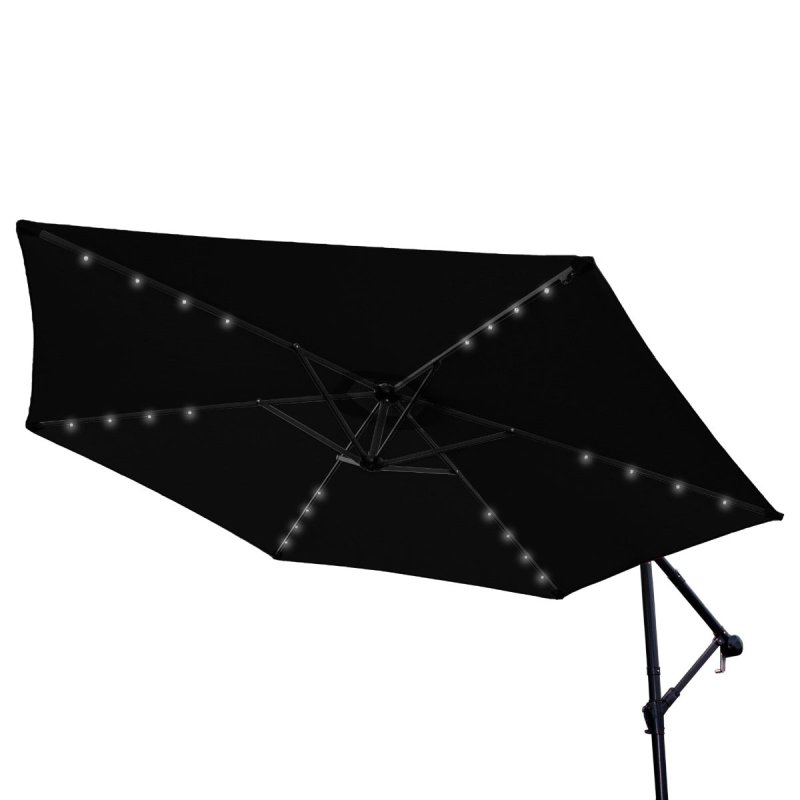 Black LED Cantilever Parasol 3m Banana Hanging Umbrella Garden Sun Shade Canopy Patio 360 Rotation Tilt UV Protection Winding Crank 24 Solar Powered Cool White LED Lights Waterproof Rain Cover & Base
