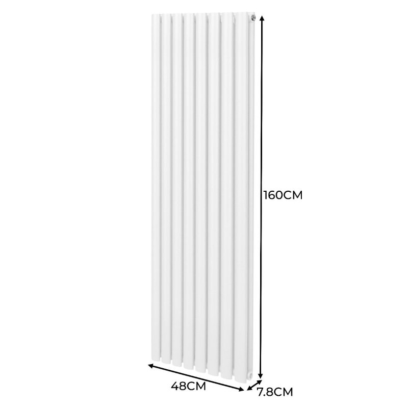 Oval Column Radiator 1600mm x 480mm Modern Designer Double Panel Central Heating Heater Gloss White Carbon Steel Vertical Kitchen Living Room Bathroom FREE Cleaning Brush Fixing Kit & Brackets