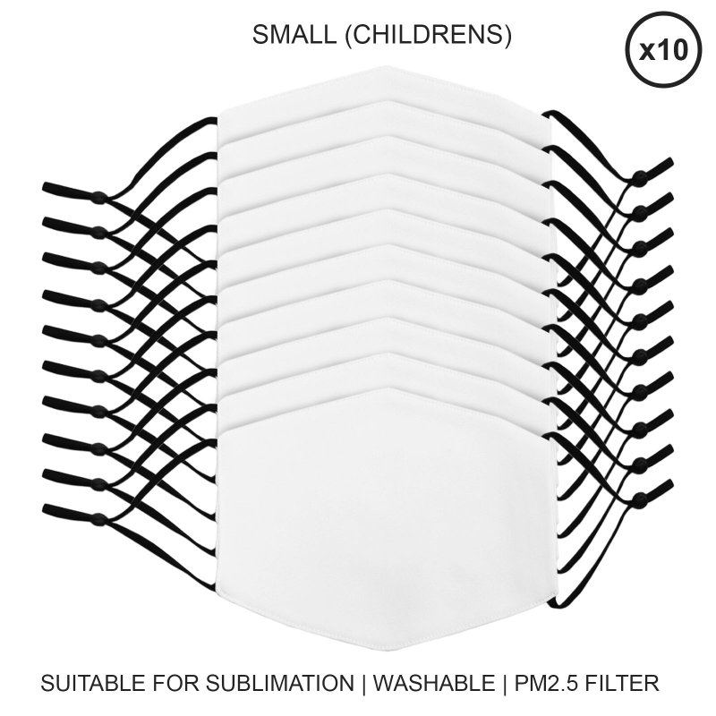 Face Masks Sublimation Blank / 10 Pack Of Small Childrens Facemasks / 5 Layer Filter Custom Heat Press Print Transfer Customise Personalise Dye Printing Reusable White