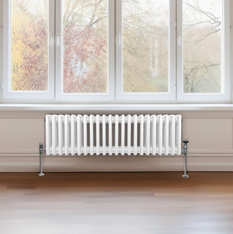 Traditional 3 Column Radiator 300mm x 1012mm Modern Central Heating Heater Gloss White Carbon Steel Horizontal Wall Mounted Kitchen Living Room Bathroom Cleaning Brush Fixing Kit & Brackets
