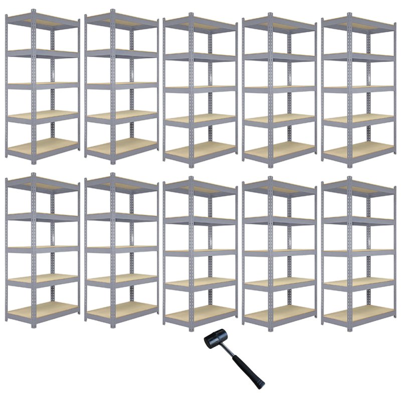 10 x Grey Racking Bay Unit 5 Tier Heavy Duty Steel Metal 200kg capacity Per Shelf Garage Shelves Storage Warehouse Shed Workshop Boltless Shelving 120 x 50 x 180cm Free Rubber Mallet