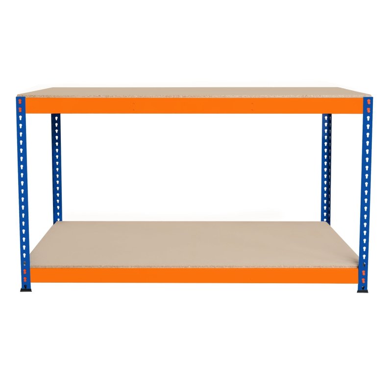 Garage Workbench S-Rax 2 Shelf 150cm x 60cm x 90cm Workstation Heavy Duty Steel Chipboard 300kg Capacity Per Shelf Adjustable Layout Boltless Assembly Rubber Feet 2 Reinforced Support Bars Warehouse