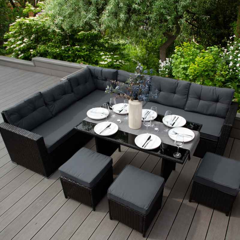 Rattan Corner Dining Set Outdoor Garden Furniture Black 9-Seater L Shape Sofa Stools Tempered Glass Table UV Protected Waterproof Grey Seat Back Cushions Patio Conservatory Lounge FREE Rain Cover