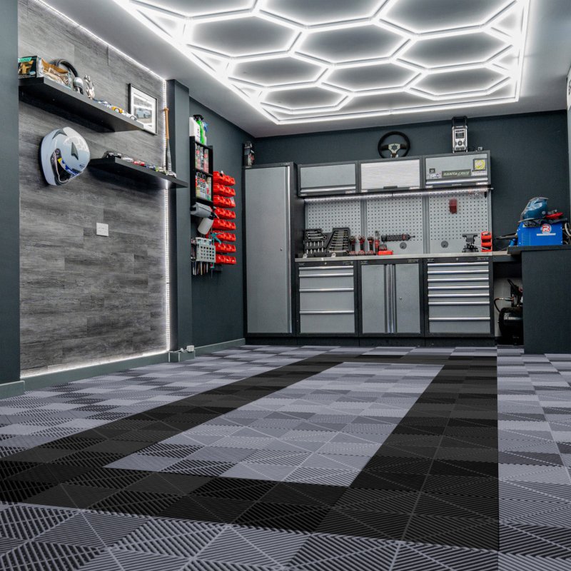 Vented Modular Interlocking Flooring Tiles 165 Grey & 60 Black With Edges & Hexagon LED Lighting 28 White Lights & Border 6500K 3 Mount Options & Suspended Ceiling Kit Single Garage Floor Mat 6m x 6m