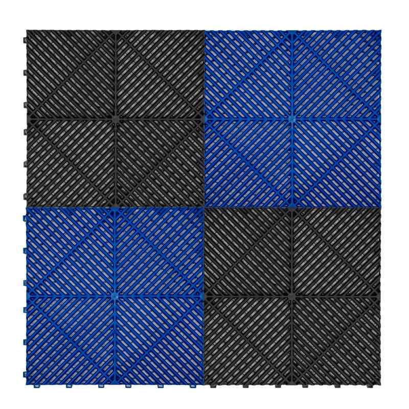 Vented Modular Interlocking Flooring Tiles & Edges 90 Blue & 30 Black Single Garage Heavy Duty Floor Mat Showroom Workshop Outdoor Polypropylene Anti Slip Weather Resistant Drainage 3.2m x 6m 19.2m2