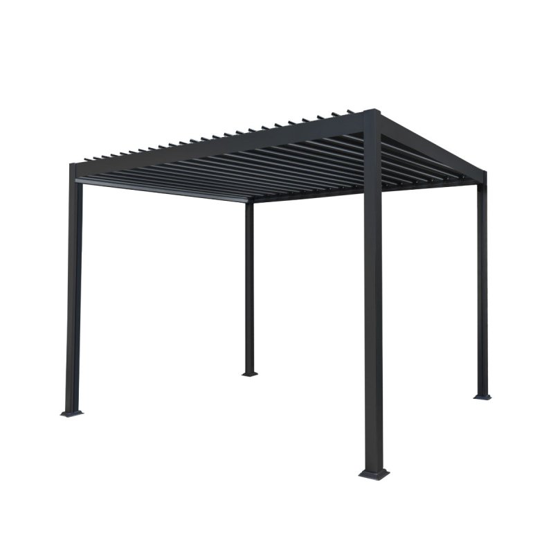 Metal Pergola 3m x 3m Retractable Canopy Roof Powder Coated Aluminium Outdoor Garden Gazebo Sun Rain Shelter Patio Deck Drainage UV Protection Weather Resistant Tools & Ground Bolts Included Dark Grey