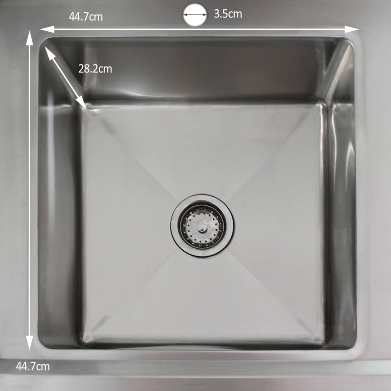 Catering Sink Stainless Steel Commercial Kitchen Restaurant Bar Utility Single Bowl Right Hand Drainer Free Standing Lower Storage Shelf Adjustable Feet Splashback 90 x 120 x 60cm FREE Strainer Plug