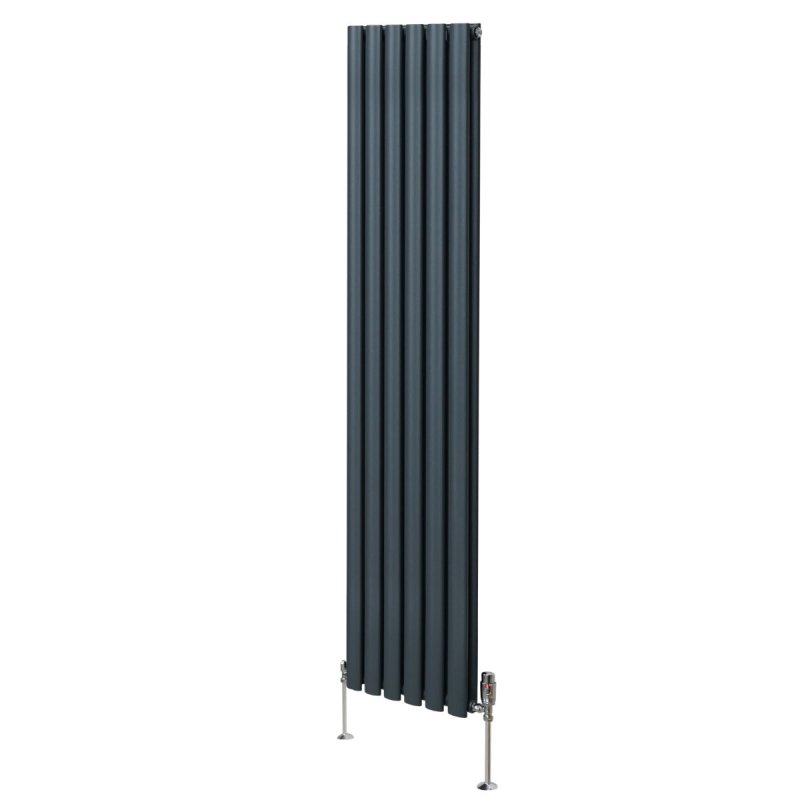 Oval Column Radiator 1800mm x 360mm & TRV Chrome Valves Designer Double Panel Central Heating Heater Anthracite Grey Steel Vertical Kitchen Living Room FREE Cleaning Brush Fixing Kit & Brackets