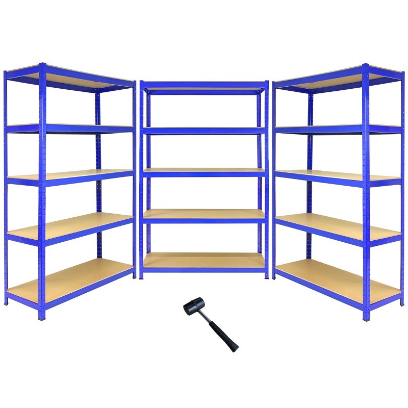 T-Rax Pack of 3 Garage Shelving Unit Extra Wide - 5 Tier Heavy Duty Rack for Storage Steel Utility Shelves | Metal & MDF Boltless Racking Assembly System | 360KG Per Shelf, Blue + FREE Rubber Mallet