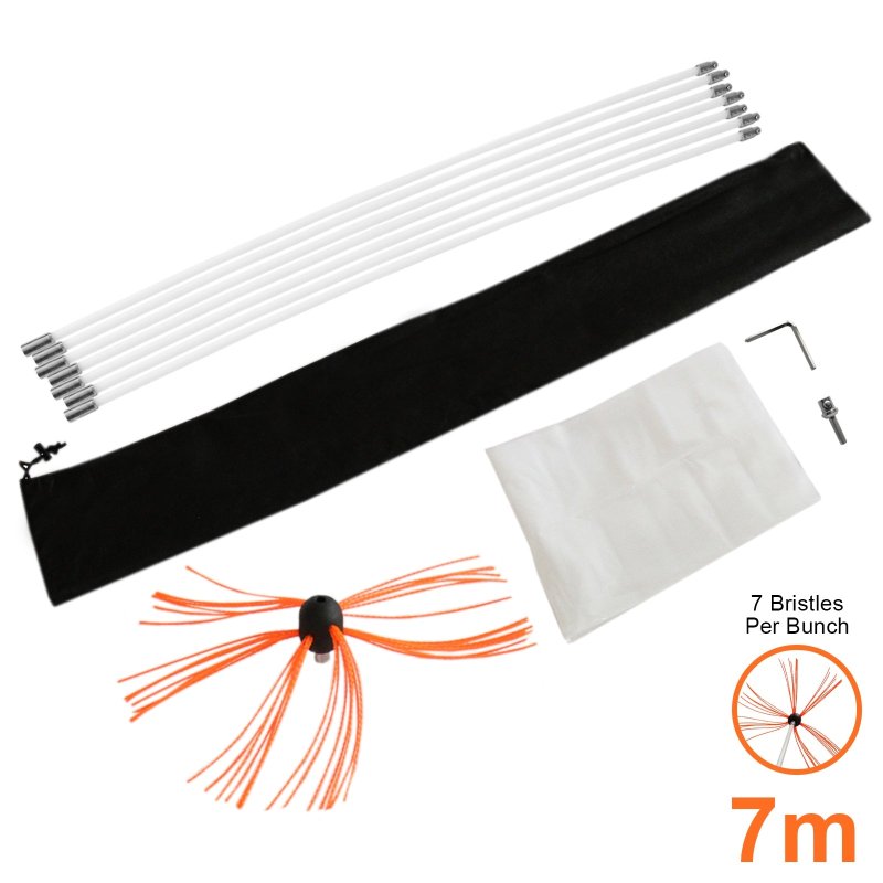 Chimney Cleaning Brush Kit, Drill Powered Cleaner, Rotary Sweeping Brush, 7m, Wood Burner, Fireplace, Flue, Reinforced Nylon Flexible Rods, FREE Storage Bag, FREE Dust Sheet, Includes Drill Adapter & Allen Key