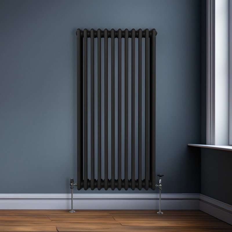 Traditional 3 Column Radiator 1500mm x 562mm Modern Central Heating Heater Matt Black Carbon Steel Vertical Wall Mounted Kitchen Living Room Bathroom Cleaning Brush Fixing Kit & Brackets