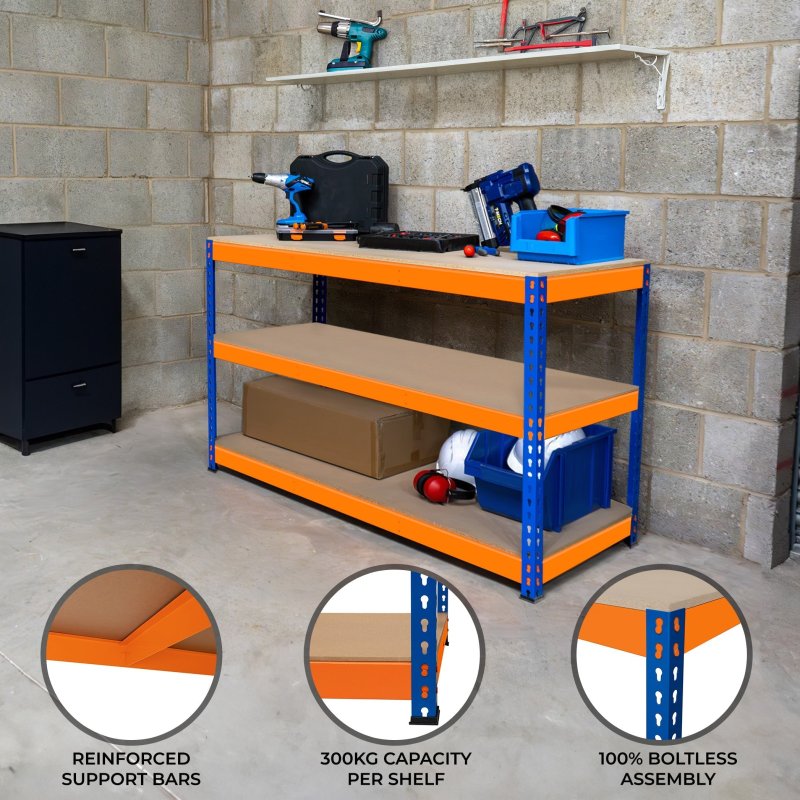 Garage Workbench S-Rax Additional Shelf 180cm x 60cm Workstation Heavy Duty Steel Chipboard 300kg Capacity Adjustable Layout Boltless Assembly 3 Reinforced Support Bars Warehouse