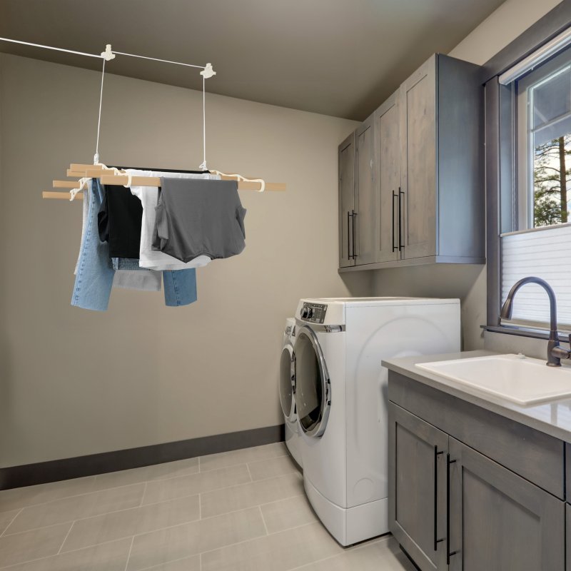 Clothes Airer Ceiling Pulley 6 Lath 2m Ivory Maid Traditional Mounted Clothing Dryer Victorian Clothes Horse Laundry Drying Rack Extendable Cast Iron Varnished Pine Kitchen Utility FREE Fixing Kit