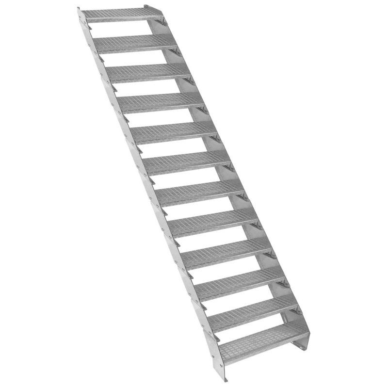 Metal Staircase 12 Section Adjustable Height 60cm / 600mm Wide Galvanised Steel Silver 12 Steps Weatherproof Grate Step Outdoor Garden Patio Modular Stairs 5mm Rod Thickness FREE Fixing Kit