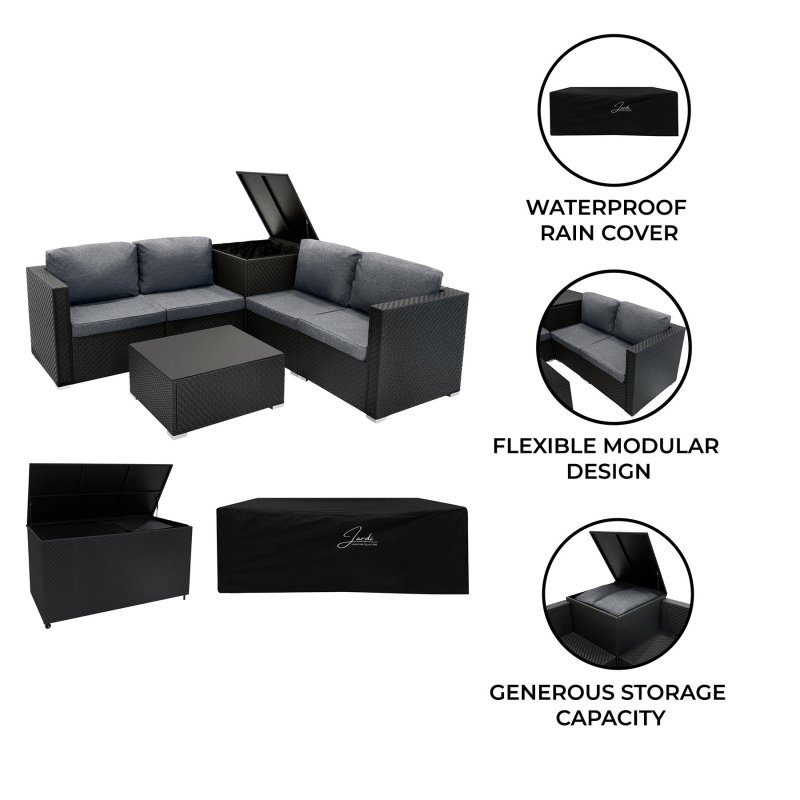 Rattan Modular 6 Piece Furniture Set & 996L Storage Box – Black
