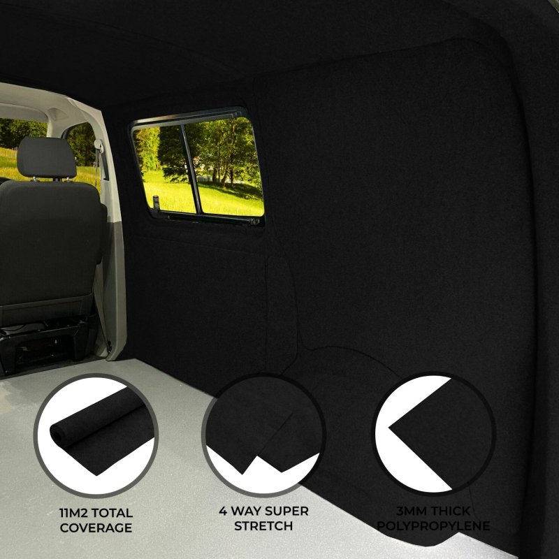 Camper Van Lining Carpet Black 4 Way Super Stretch 2m Wide 5.5m Long 11m2 Coverage Car Motorhome Vehicle Interior Campervan Conversion Kit Trim Bleachable Polypropylene Fits any Make or Model
