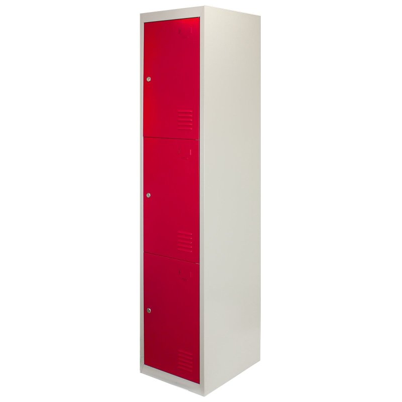 MonsterShop 3 Door Metal Storage Lockers, Flatpacked Red & Grey Steel Lockable Unit, Gym Changing School Staff