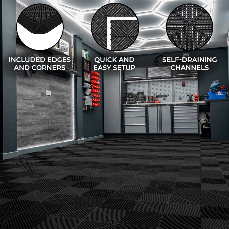 Vented Modular Interlocking Flooring Tiles & Edges 120 x Black Single Garage Heavy Duty Floor Mat Showroom Workshop Outdoor Polypropylene Anti Slip Weather Resistant Drainage Channels 3.2m x 6m 19.2m2