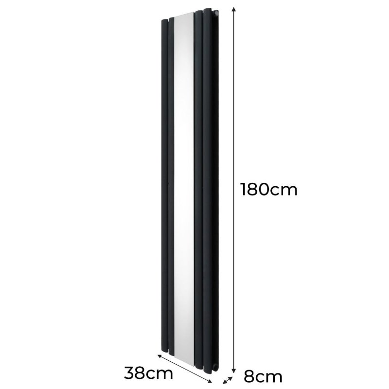 Oval Panel Radiator With Mirror 1800mm x 380mm Modern Designer Double Column Vertical Heater Matt Anthracite Grey Carbon Steel Wall Mounted Kitchen Living Room Cleaning Brush Fixing Kit & Brackets