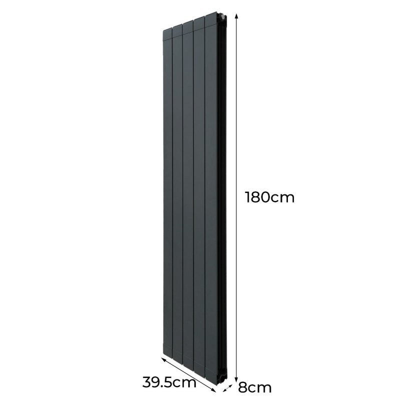 Aluminium Designer Radiator 1800mm x 395mm & TRV Chrome Valves Vertical Double Flat Panel Column Lightweight Modern Heater Matt Anthracite Grey Kitchen Living Room Cleaning Brush Fixing Kit Brackets