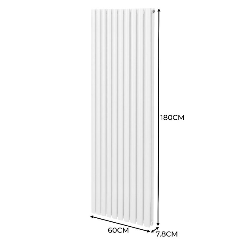 Oval Column Radiator 1800mm x 600mm & TRV Chrome Valves Modern Designer Double Panel Central Heating Heater White Steel Vertical Kitchen Living Room FREE Cleaning Brush Fixing Kit & Brackets