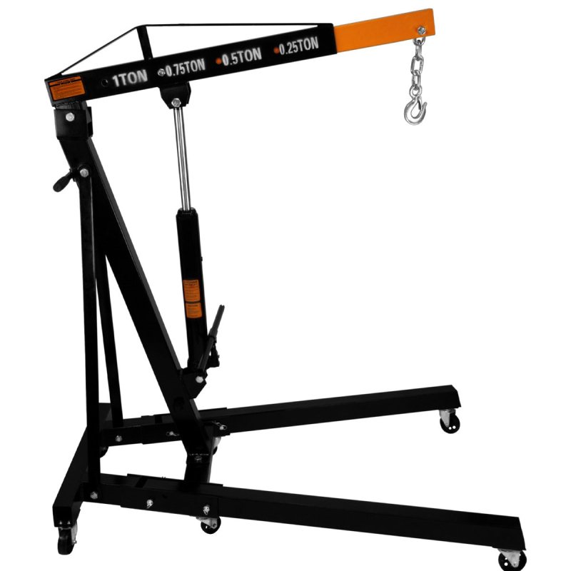 Engine Crane 1 Tonne Ton 1000kg Hydraulic Pump Handle Folding Legs Hoist Lift Jack Stand Handle 6 Portable Heavy Duty Wheels Workshop Garage 4 JIB Positions Chain Hook Black Powder Coated Steel