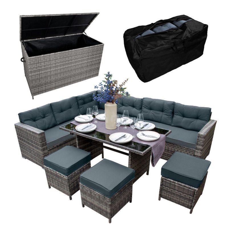 Rattan Corner Dining Set & Garden Storage Box Grey 9-Seater L Sofa Stools Glass Table Large Cushion Furniture Chest 582L Outdoor Patio Steel Frame UV Resistant FREE Waterproof Carry Bag & Rain Cover