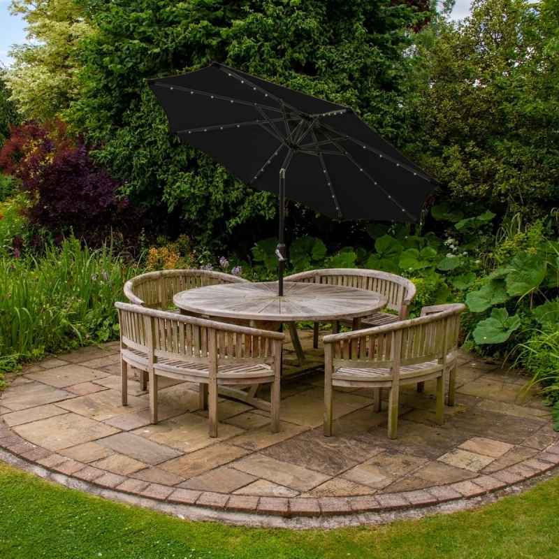 Black 2.4m LED Tilt Parasol Umbrella Garden Sun Shade Canopy Patio Outdoor 360 Rotation UV Protection Winding Crank Adjustable 32 Solar Power Lights Cool White 8 Ribs 5.5kg FREE Waterproof Rain Cover