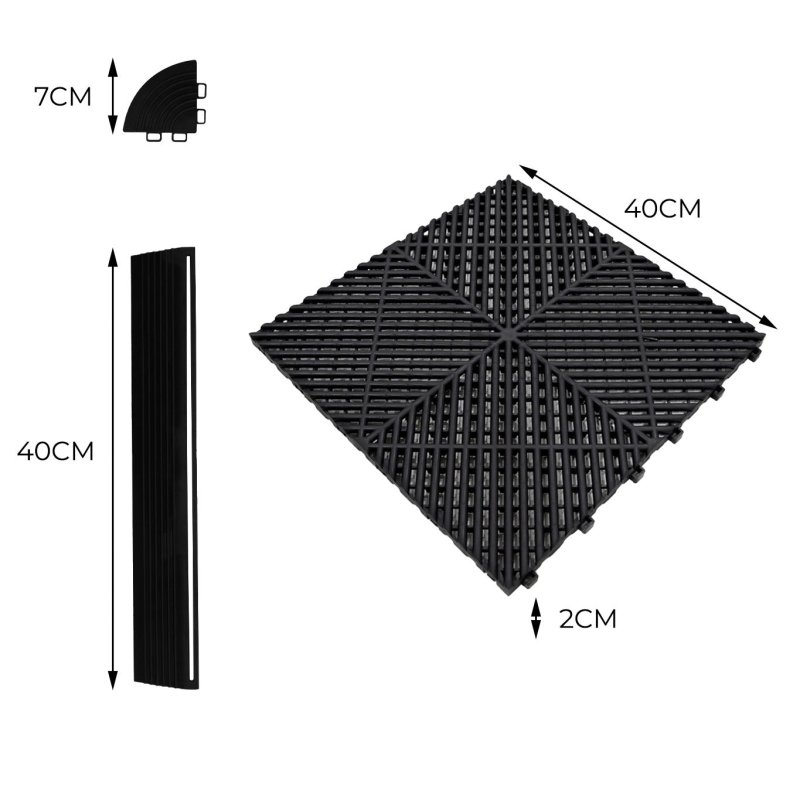 Vented Modular Interlocking Flooring Tiles 120 Black & 120 Blue With Edges & Hexagon LED Lighting 28 White Lights & Border 6500K 3 Mount Options & Suspended Ceiling Kit Single Garage Floor Mat 6m x 6m