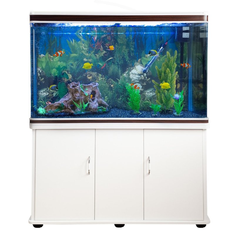 MonsterShop Fish Tank Aquarium & Starter Accessories, White Cabinet, Blue Gravel, 4ft, 300L
