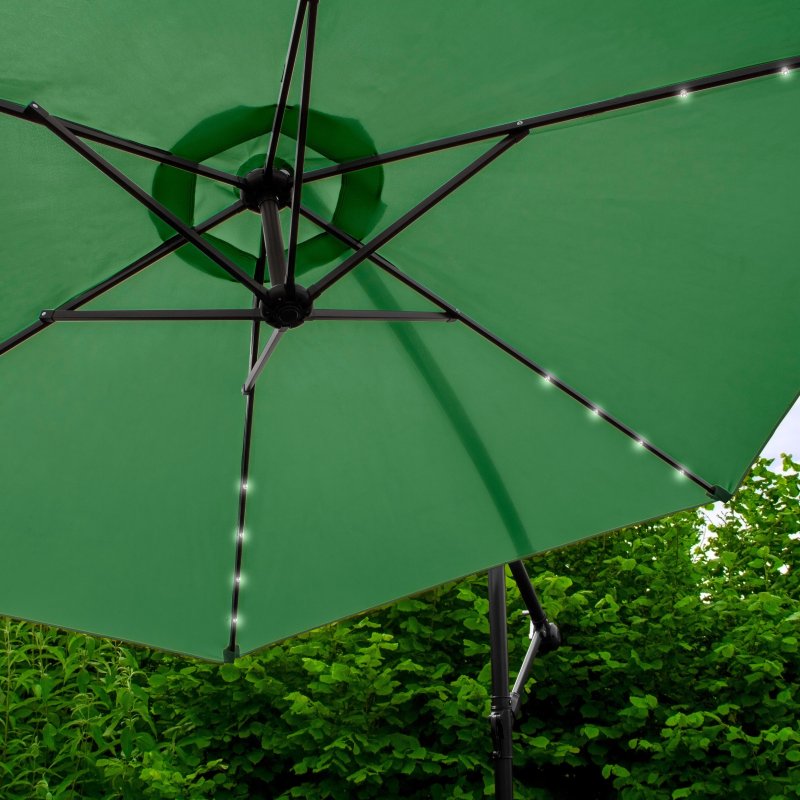 LED Cantilever Parasol 3m Green Banana Hanging Umbrella Garden Sun Shade Canopy Patio 360 Rotation Tilt UV Protection Winding Crank 24 Solar Powered Cool White Lights FREE Rain Cover & Square Base