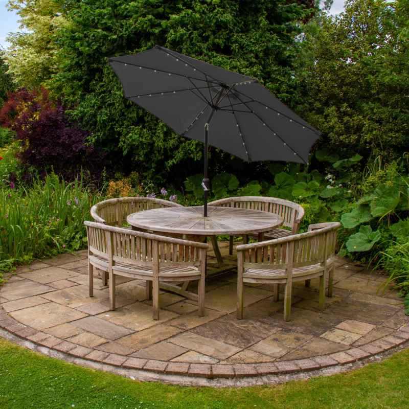 Grey 2.4m LED Tilt Parasol Umbrella Garden Sun Shade Canopy Patio Outdoor 360 Rotation UV Protection Winding Crank Adjustable 32 Solar Power Lights Cool White 8 Ribs 5.5kg FREE Waterproof Rain Cover