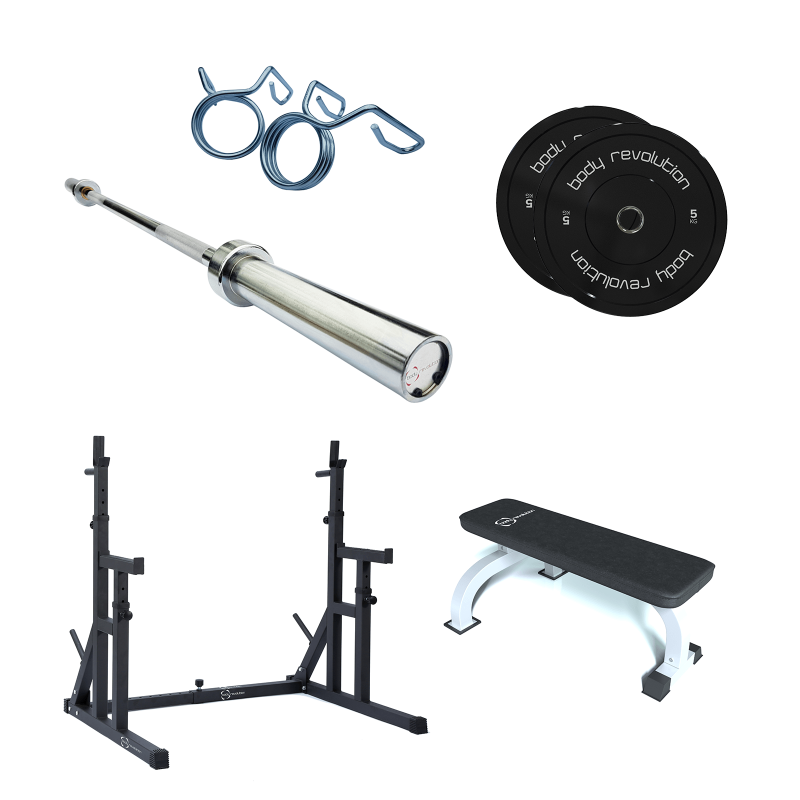 Home Gym Weightliftings Squat Rack Flat Bench 7ft Bar 5kg 10kg Pair Blk Bumpers