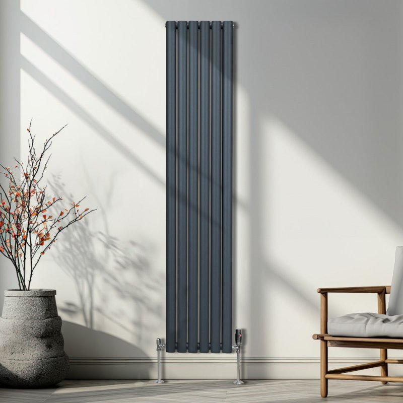 Oval Column Radiator 1800mm x 360mm Modern Designer Double Panel Central Heating Heater Matt Anthracite Grey Carbon Steel Vertical Kitchen Living Room FREE Cleaning Brush Fixing Kit & Brackets