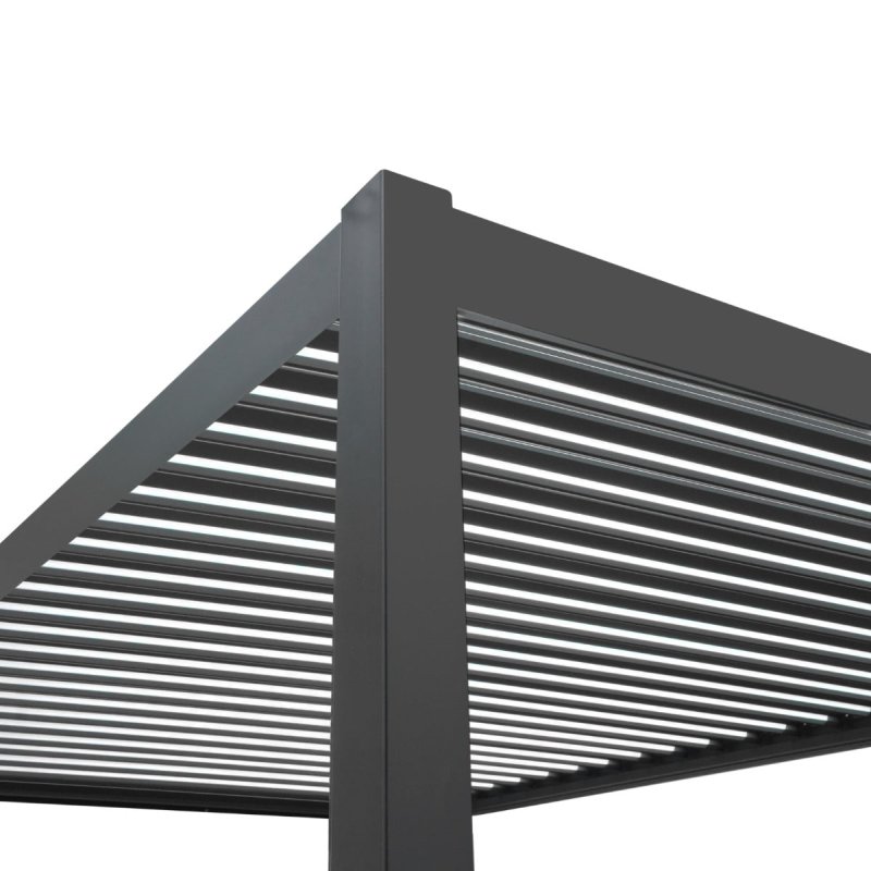 Metal Pergola 3m x 3m Retractable Canopy Roof Powder Coated Aluminium Outdoor Garden Gazebo Sun Rain Shelter Patio Deck Drainage UV Protection Weather Resistant Tools & Ground Bolts Included Dark Grey