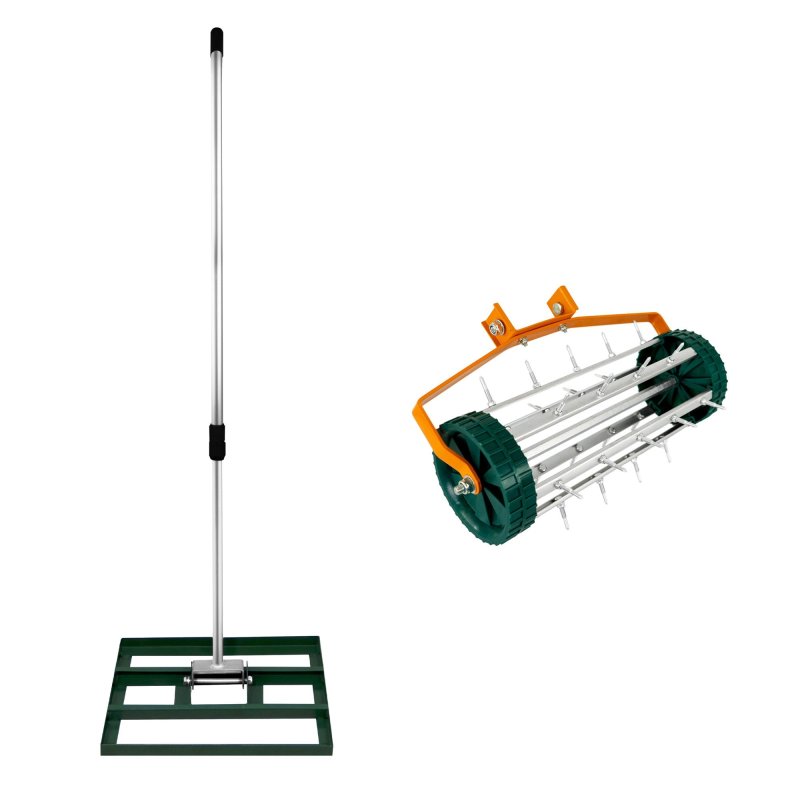 Lawn Leveller & Aerator Manual Grass Roller 3.8cm Spikes 50cm x 32cm Green Levelling Rake Lute Removable Dual Purpose Extendable Handle 1.15 - 1.9m Easy Grip Heavy Duty Steel Aluminium Garden Tool