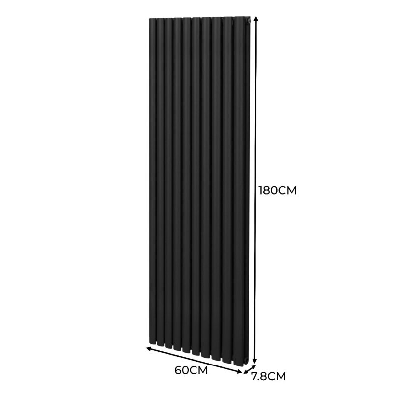 Oval Column Radiator 1800mm x 600mm & TRV Chrome Valves Modern Designer Double Panel Central Heating Heater Black Steel Vertical Kitchen Living Room FREE Cleaning Brush Fixing Kit & Brackets