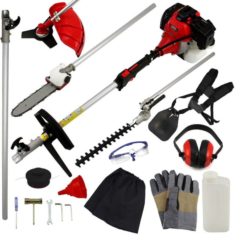 Cordless Garden Multi Tool 5 in 1 Long Reach Hedge Trimmer Strimmer Chainsaw Grass Cutter Brush Cutter Extension Pole Petrol 52cc 1.6KW 3HP 9000RPM 2 Stroke FREE Safety Equipment