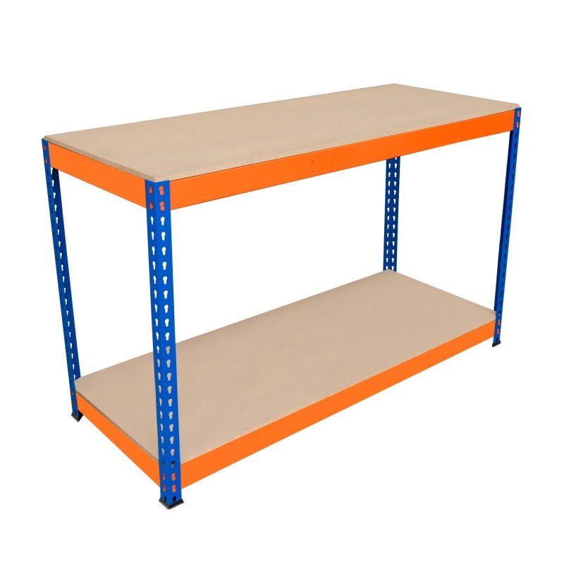 Garage Workbench S-Rax 2 Shelf 150cm x 60cm x 90cm Workstation Heavy Duty Steel Chipboard 300kg Capacity Per Shelf Adjustable Layout Boltless Assembly Rubber Feet 2 Reinforced Support Bars Warehouse