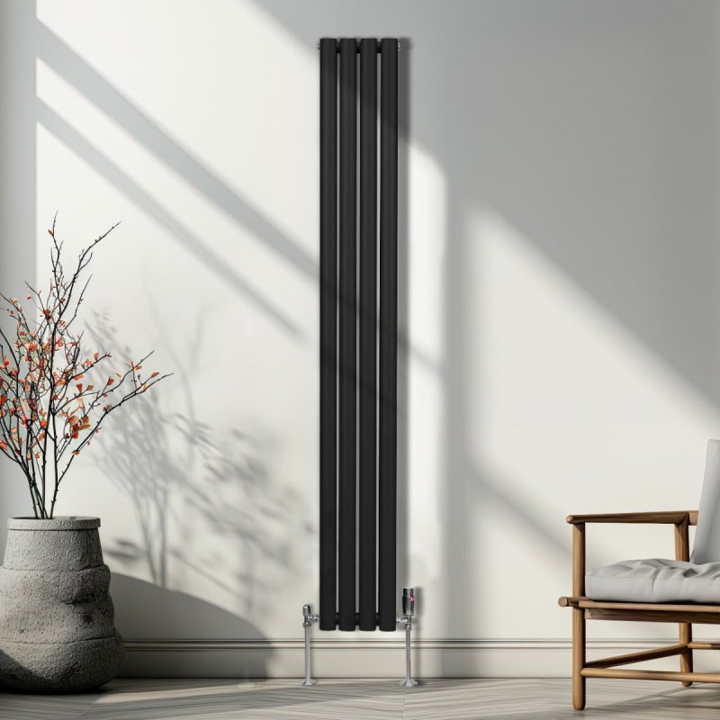 Oval Column Radiator 1800mm x 240mm & TRV Chrome Valves Modern Designer Double Panel Central Heating Heater Black Steel Vertical Kitchen Living Room FREE Cleaning Brush Fixing Kit & Brackets