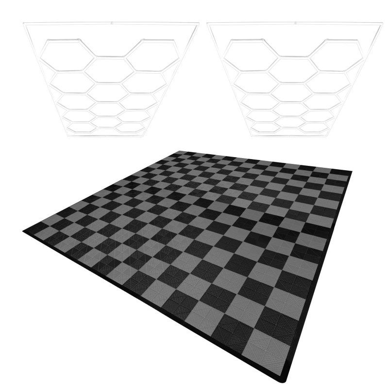 Vented Modular Interlocking Flooring Tiles 120 Black & 120 Grey With Edges & Hexagon LED Lighting 28 White Lights & Border 6500K 3 Mount Options & Suspended Ceiling Kit Single Garage Floor Mat 6m x 6m