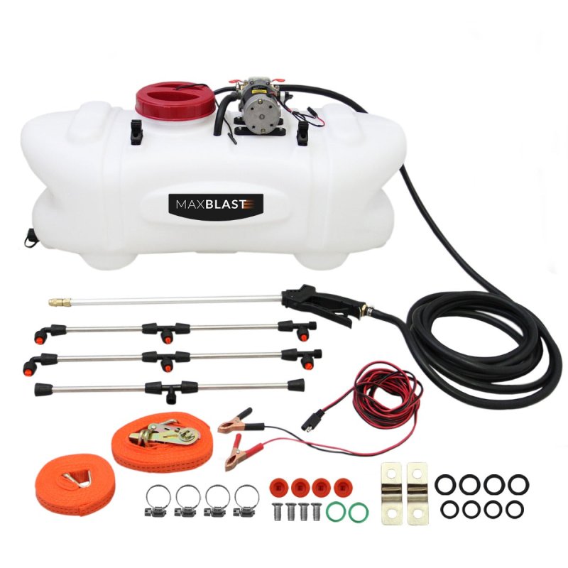 ATV Trailer 295kg Tipping & Sprayer with 6 Nozzle Boom 60L 12V Garden Quad Bike Tractor Farm Mower Agriculture Fertilizer Crops Weeds Hand Lance Heavy Duty Pneumatic Tyres Accessories
