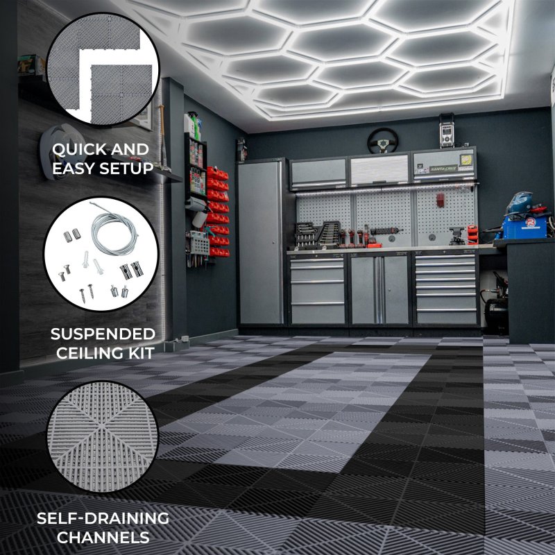 Vented Modular Interlocking Flooring Tiles 165 Grey & 60 Black With Edges & Hexagon LED Lighting 28 White Lights & Border 6500K 3 Mount Options & Suspended Ceiling Kit Single Garage Floor Mat 6m x 6m