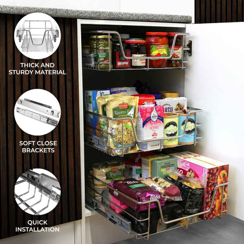 KuKoo 4 x Kitchen Pull Out Soft Close Baskets, 600mm Wide Cabinet, Slide Out Wire Storage Drawers